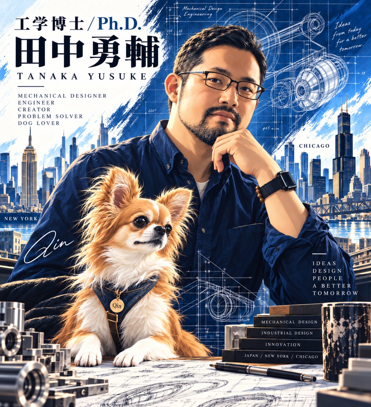 工学博士 田中勇輔と愛犬クイン。背景に高層ビルの街並みと機械の設計図